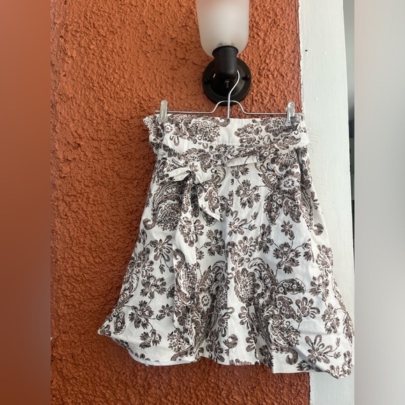 Merona Skirt Womens Size 6 White Brown Floral Print Swing 100% Linen w/ Lining - Picture 1 of 5